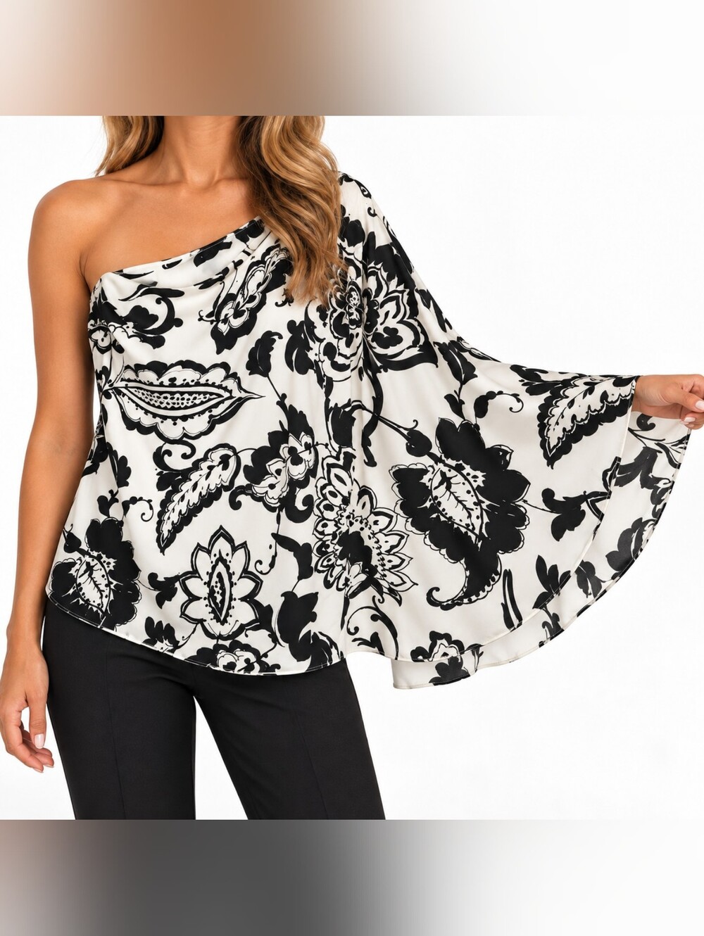 Lauren Ralph Lauren Size 6 One Shoulder Floral Blouse Black Ivory Asymmetrical